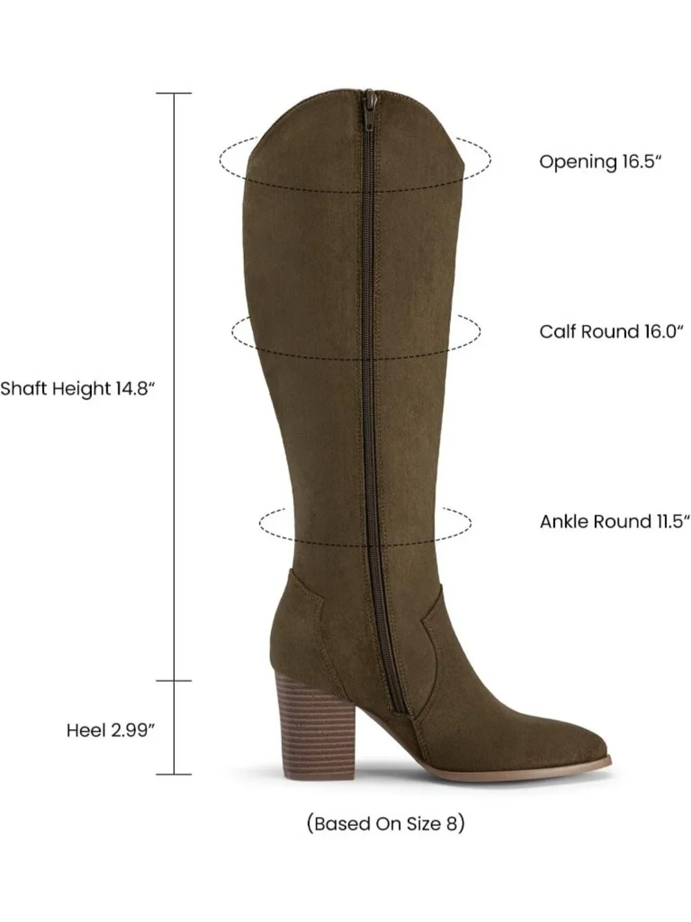 Women Olive Green Suede Chunky Heel Suede Pointed Toe Side Zipper Knee High Boot